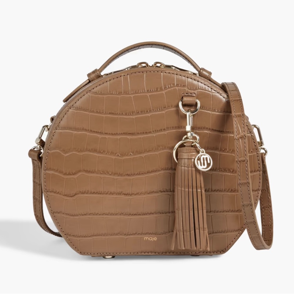 Maje Tan Croc-Embossed Round Leather Crossbody with Tassel